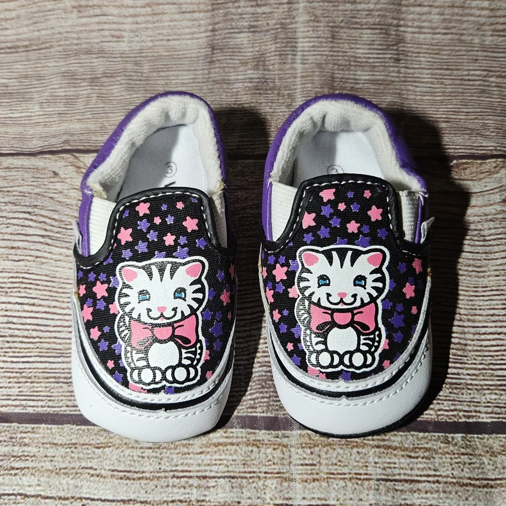 Vans pink and purple stars and cats baby crib slip on shoes
